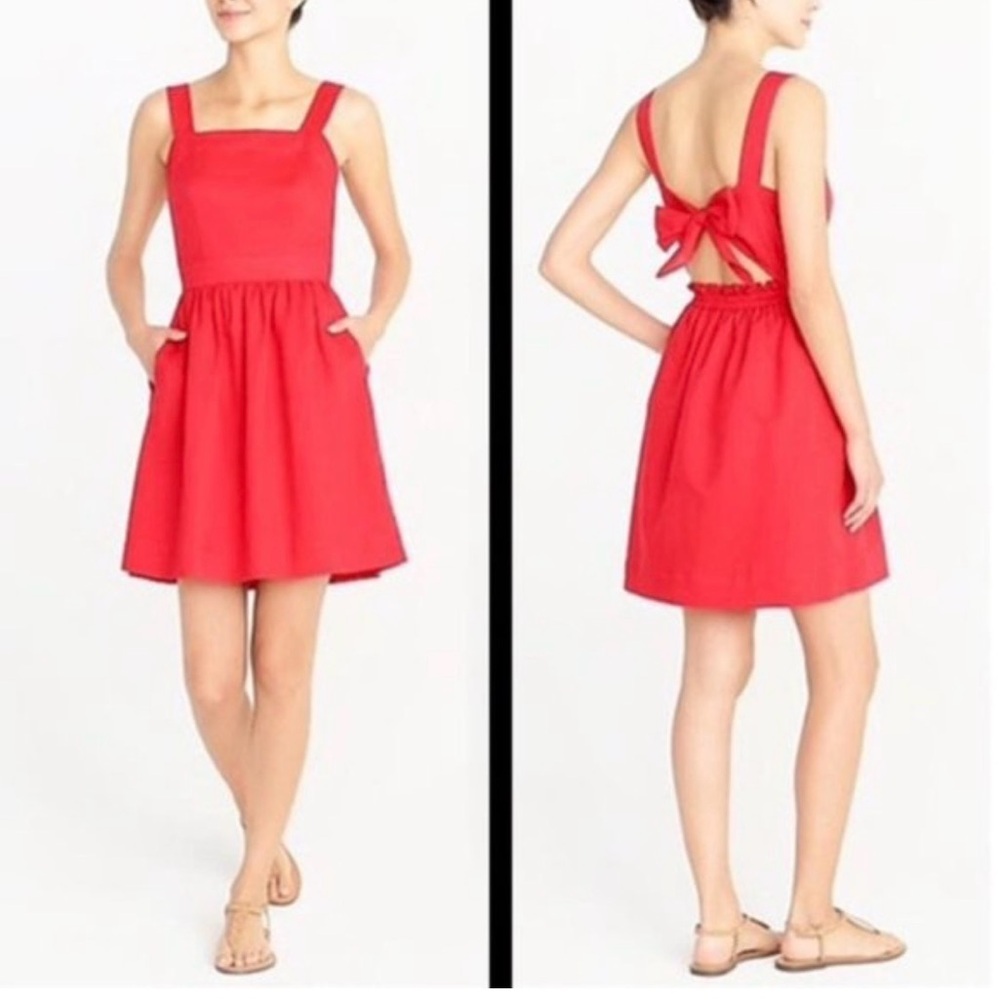 J.Crew Red Linen Apron Bow Back Dress XS NWOT J0982